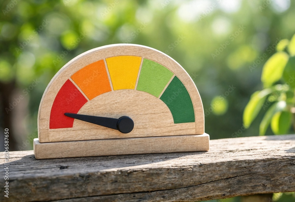 Fototapeta premium Wooden risk gauge with colorful red, orange, yellow and green scale on rustic outdoor ledge, symbolizing measurement, warning, performance, assessment and monitoring.