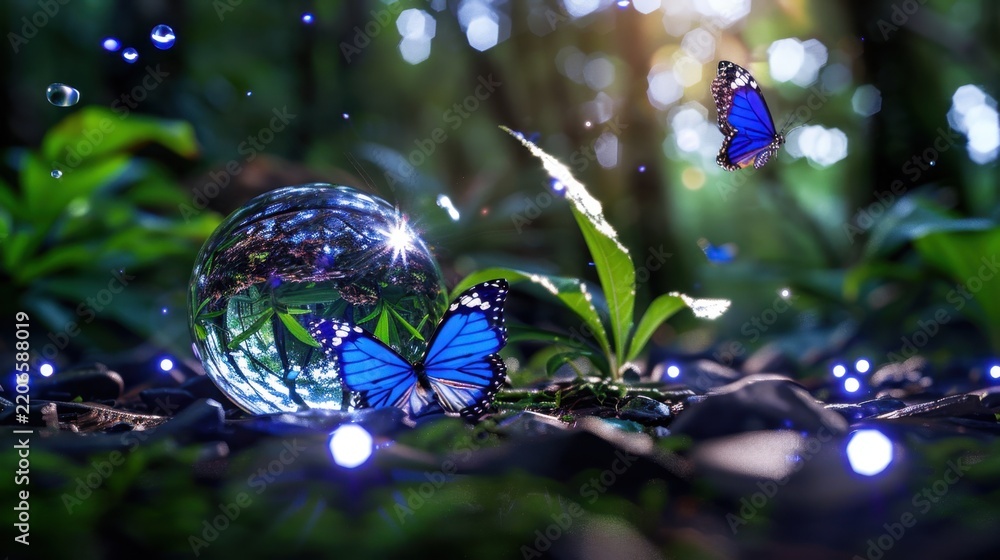 Naklejka premium Enchanting Scene of Blue Butterflies Around a Glass Sphere in a Lush Green Forest with Sparkling Lights