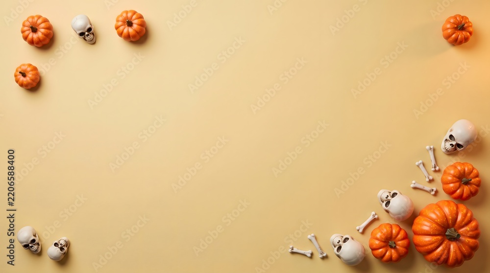 Fototapeta premium Flat lay composition of decorative pumpkins and pinecones on a solid beige background with copy space