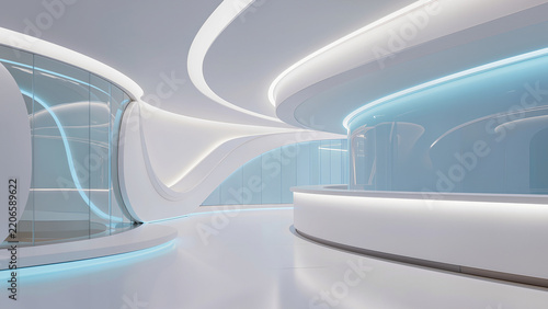 Premium minimal healthcare background, elegant white curved surfaces combined with subtle transparent glass forms and soft blue light reflections, clean medical technology atmosphere,