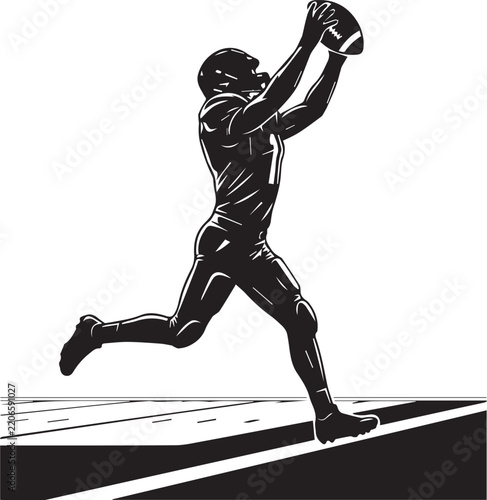 Stylized black silhouette of running american football wide receiver reaching for pass against sky.