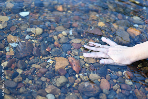 Fotografie Clear water reveals human hand touching colorful river stones with gentle curios