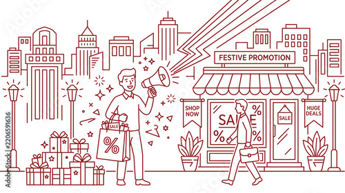 Festive promotion street scene with shopping bags and discounts for city retail marketing.