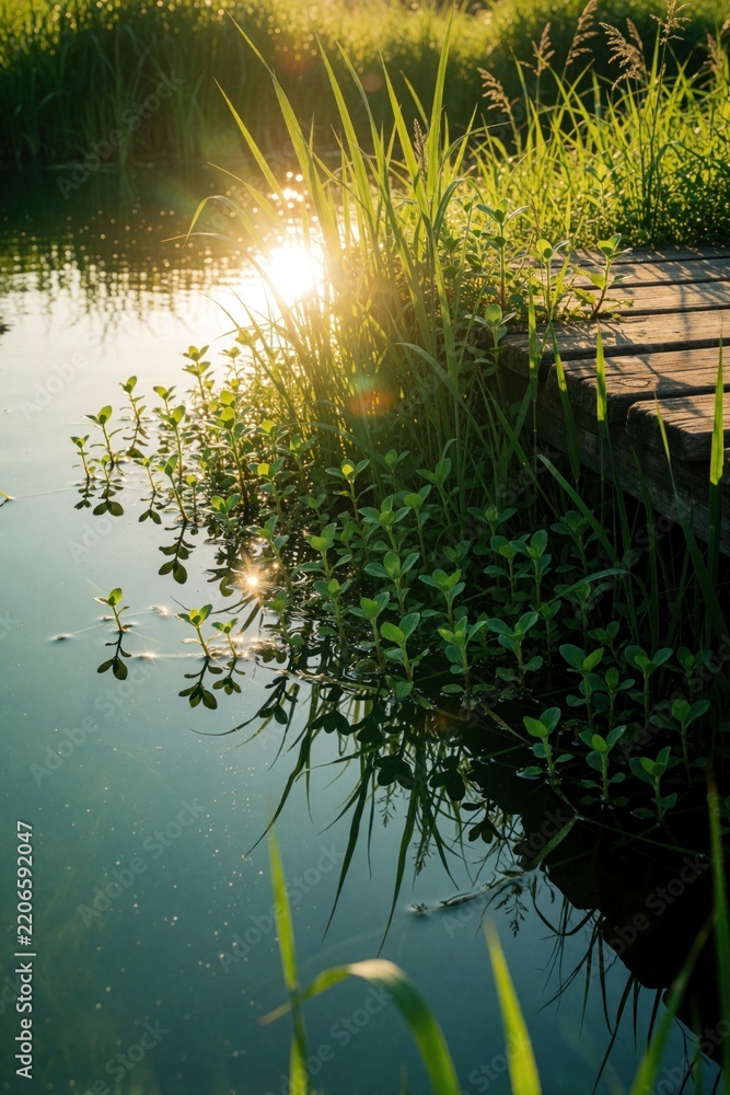 Fototapeta premium Golden sunlight glimmers on calm pond water at sunset. Small green plants, tall grass grow near old wooden pier edge. Peaceful nature landscape with wild vegetation, warm sun rays reflecting in quiet