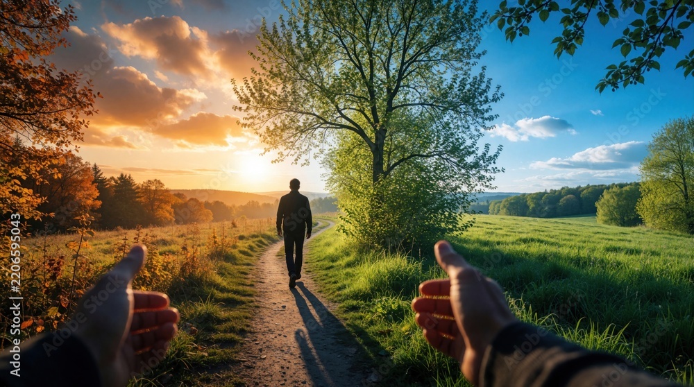 Obraz premium First person view of person walking on path through green field toward large tree. Golden sunset sky with clouds over hills. Man travels along dirt road in summer landscape. Immersive view showing