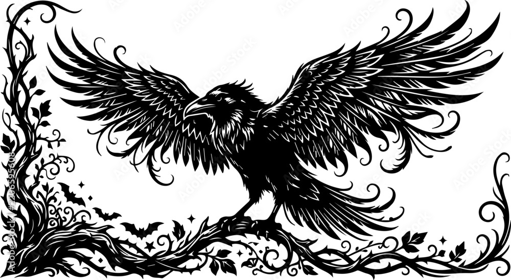 Fototapeta premium Black Raven Bird with Spreading Wings and Gothic Decorations Isolated