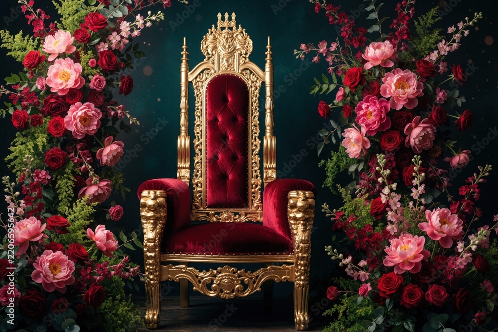 Obraz premium Majestic red velvet throne with gold ornaments sits between rich floral arrangements. Ornate royal seat surrounded by pink, red roses, peonies, green leaves. Luxury furniture in garden style with