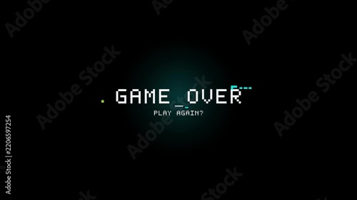 Retro game over pixelated text animation on dark background