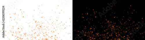 Fotografie Fire embers glowing orange with scattered floating particles for overlay use in