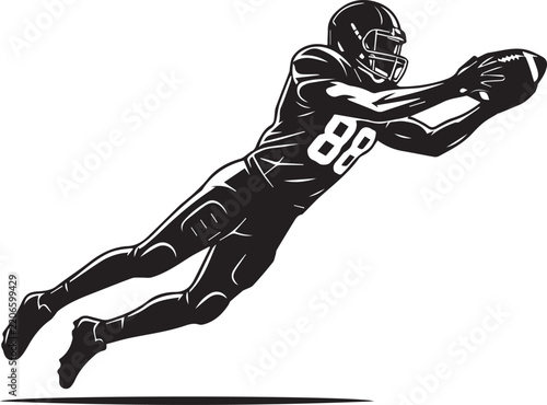 American football receiver diving in midair to catch ball with number 88 jersey in black silhouette.