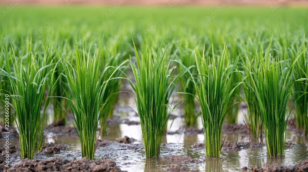 Fototapeta premium Fresh Green Rice Plants Growing in Fertile Waterlogged Field Under Clear Sky