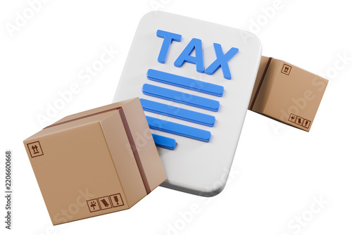 3d tax document, boxes and shield icon. customs compliance concept. minimal cartoon parcel with checkmark for ecommerce. isolated on white transparent background. 3d render.