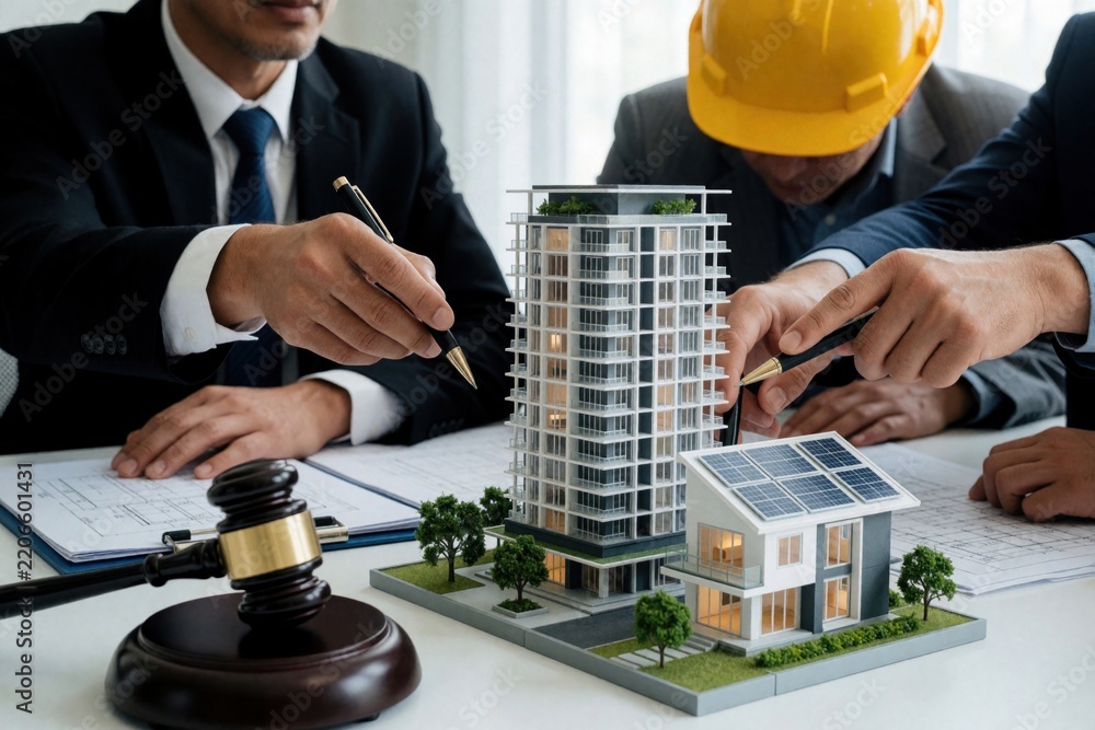 Obraz premium Architects, lawyers discuss real estate project. Professionals examine scale model of modern apartment building, solar energy house. Construction legal expert uses gavel near blueprints. Team plans