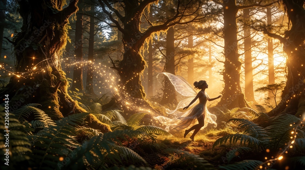 Obraz premium Magical fairy with glowing wings dances in enchanted pine forest. Ethereal light weaves through ancient trees, ferns at twilight. Fantasy woman sprite moves among sparkles, golden sunbeams in
