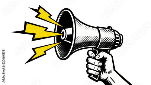 Hand holding megaphone emitting yellow lightning bolts, isolated on transparent background