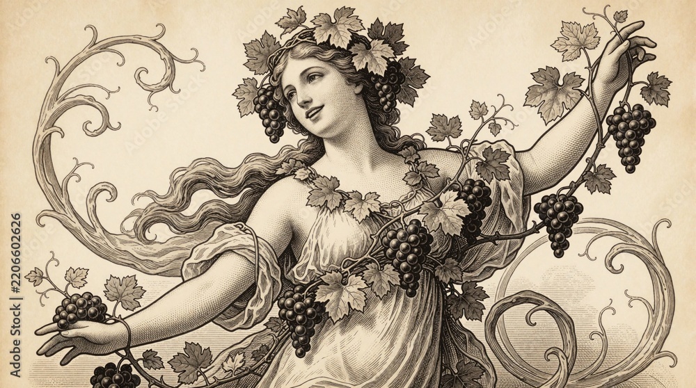 Obraz premium Vintage art nouveau illustration of joyful woman as maiden symbol. Graceful goddess wears grapevine crown with ripe grapes. Female figure decorated with rich leaves, fruit vines. Retro mythological