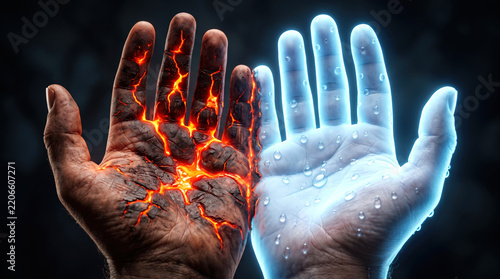 Hands Representing Fire Lava and Ice Water Elements Contrast