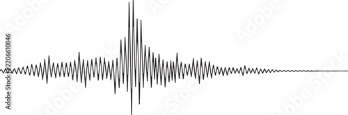 Black and white earthquake seismograph line graph representing seismic activity or sound wave patterns on transparent background.