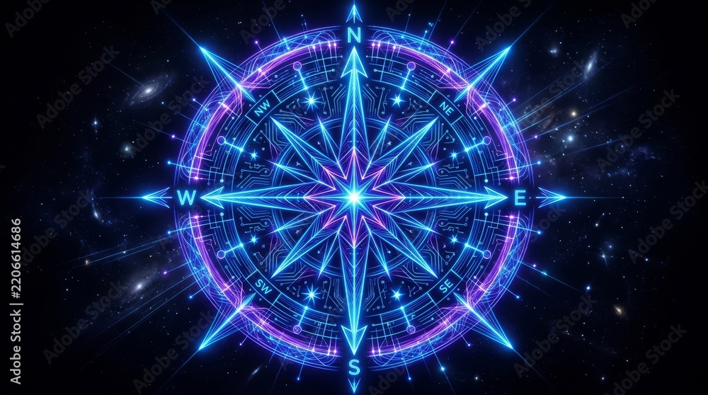 Fototapeta premium Futuristic compass with glowing digital navigation in space background
