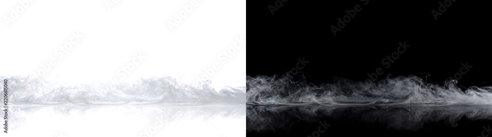 Obraz premium Steam layer drifting low with a mirrored reflection on the floor for overlay use in PNG, Transparent and Black Background Versions