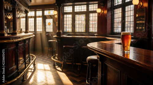 Traditional English pub interior with dark wood bar, brass details. Cold pint of ale sits on counter near large windows. Sunlight streams through stained glass into cozy tavern. Empty wooden stools