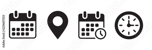 Calendar location and clock icons for schedule planner appointment reminder and time management apps.
