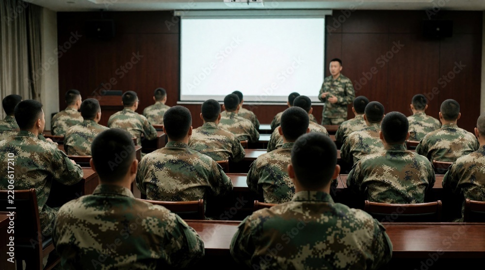 Fototapeta premium Military soldiers sit in classroom listening to instructor briefing. Group of troops in camouflage uniform attend training session with projection screen. Officers learn new tactics, skills during