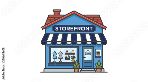 Small shop building with striped awning is a colorful silhouette