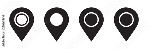 Set of black location pin icons with different styles for map navigation and destination marking.