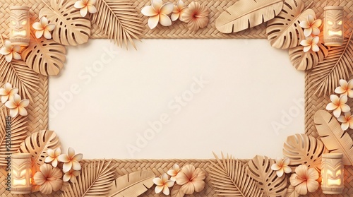 Luau backround with tropical flowers and tiki lanterns on woven mat