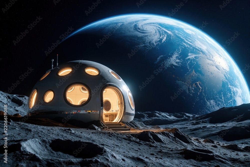 Fototapeta premium Futuristic dome base sits on barren moon surface. Modern space habitat with warm lights glows against dark cosmos. Large blue earth planet rises in background. Sci fi colony represents human
