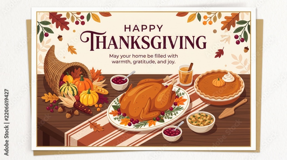 Fototapeta premium Illustrated Happy Thanksgiving Dinner Scene with Turkey, Pumpkin and Autumn Decorations