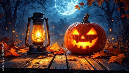 A Halloween pumpkin with a light, mounted on a stake, set against a graveyard backdrop featuring the moon and a haunted house.