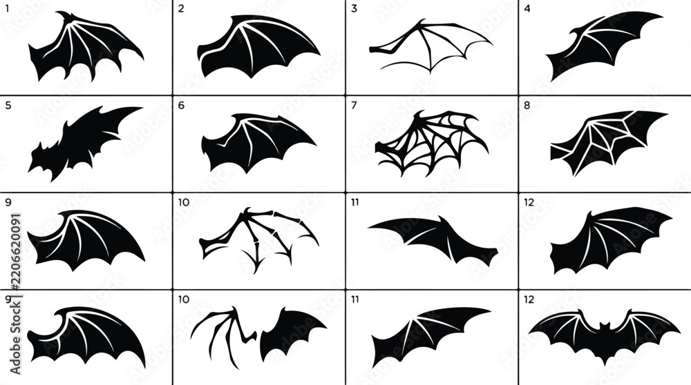 Fototapeta premium Vector Bat and Dragon Wing Silhouettes Graphic Design Elements