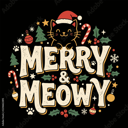 Merry And Meowy Black Cat Christmas Vintage Santa Hat