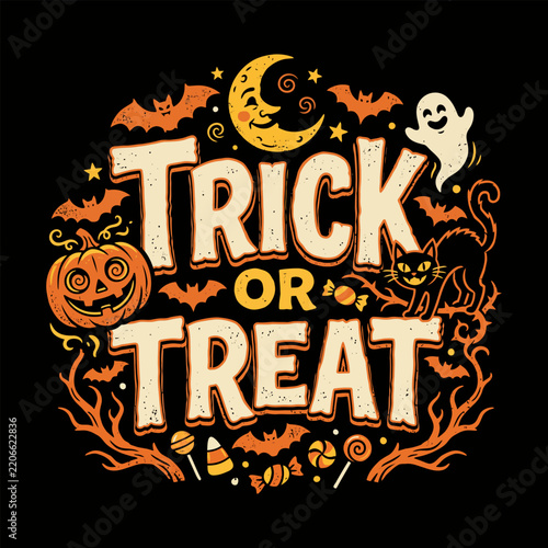 Trick Or Treat Vintage Halloween Pumpkin Ghost Black Cat