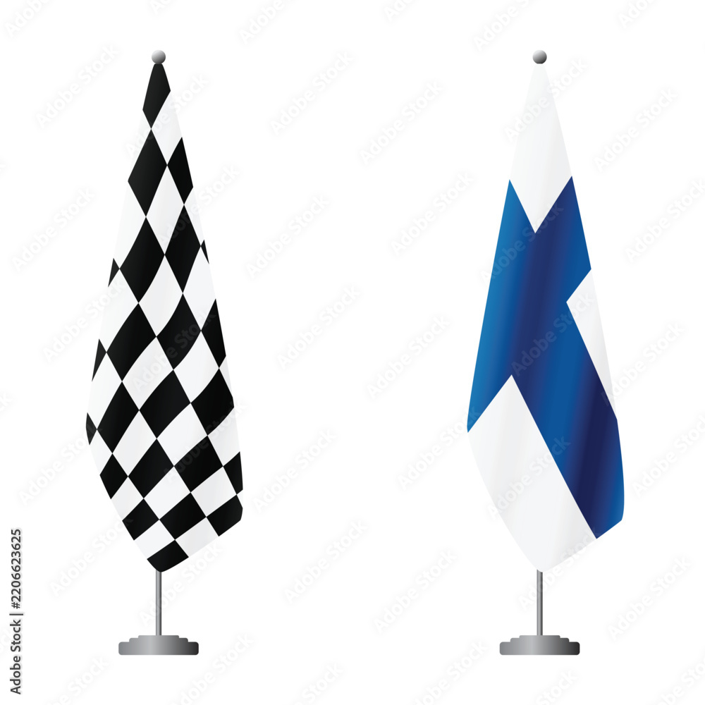 Obraz premium Checkered and Finland flags on flagpoles for official ceremonies and meetings, transparent background vector