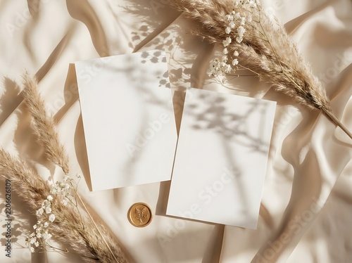 Two blank card mockups on silk with pampas grass and wax seal