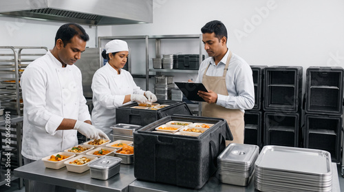Commercial Kitchen Staff Packing Catering Food Stock Photograph