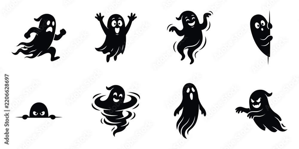 Fototapeta premium Collection of spooky black silhouettes depicting monsters and a haunted house