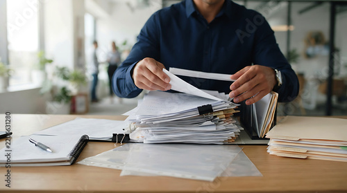 Professional businessman organizing large stack of paperwork in a busy office