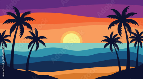 Tropical Sunset. Beach Landscape. Flat Design Illustration. Vibrant Gradient. Vacation Background.