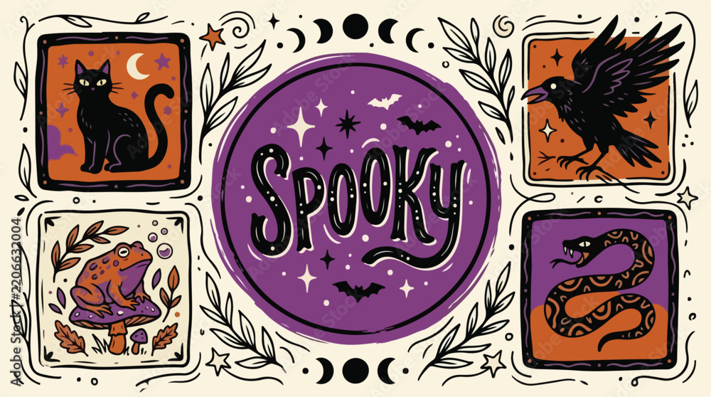 Fototapeta premium Spooky Halloween Illustration. Mystical Creatures. Witchy Graphic Design. Rustic Textured Banner.