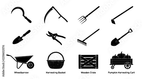 Harvesting Tools Set, Including Wheelbarrow, Basket, Crate, Cart, and Various Farm Implements