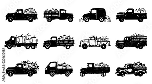 Vintage Pickup Trucks with Pumpkins, Autumn Harvest Illustration, Fall Season Design, Rustic Farm Truck Icons