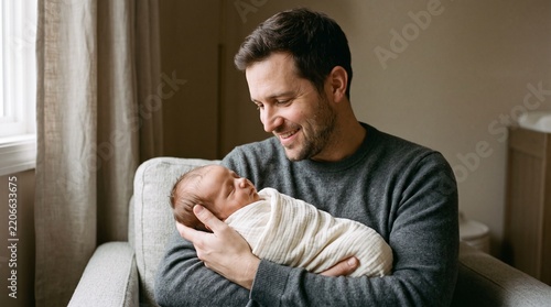 Smiling father lovingly holds his newborn baby wrapped in a swaddle blanket indoors