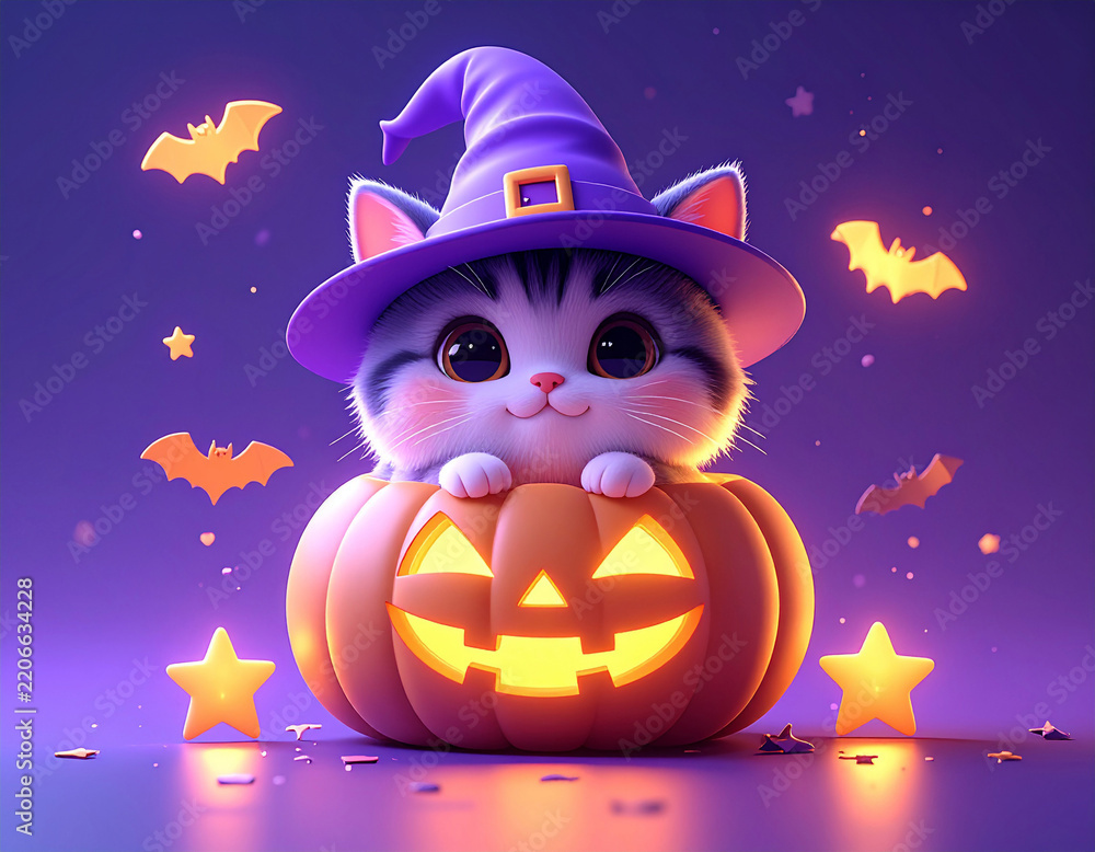 Fototapeta premium ハロウィンのカボチャに入る魔法使いの帽子をかぶった可愛い子猫のイラスト/Cute kitten wearing a witch hat inside a Halloween pumpkin lantern
