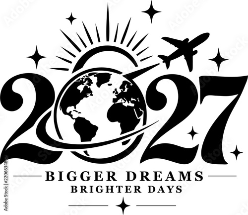 2027 New Year Typography with Globe and Airplane