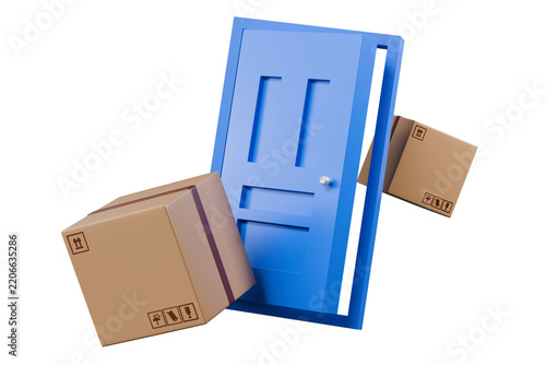 3d blue door with boxes icon. home delivery concept. minimal cartoon parcel shipping for logistics and ecommerce. isolated on white transparent background. 3d render.