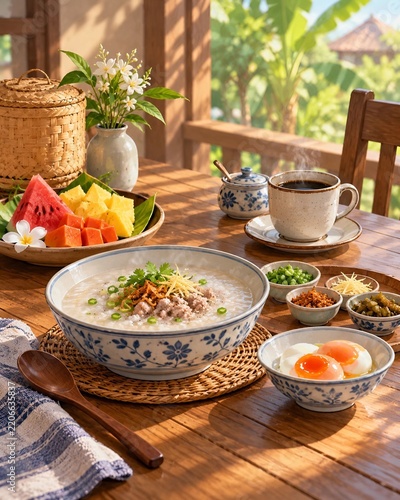 Traditional Asian Breakfast with Rice Porridge, Eggs, Fruit and Coffee